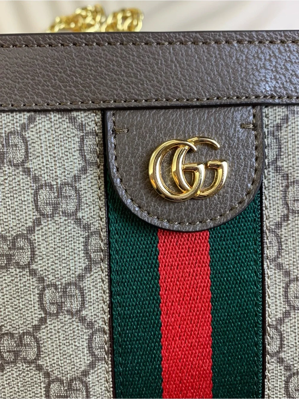 Gucci Luxury Monogram Crossbody Laptop Bag in Beige with Green and Red Stripe
